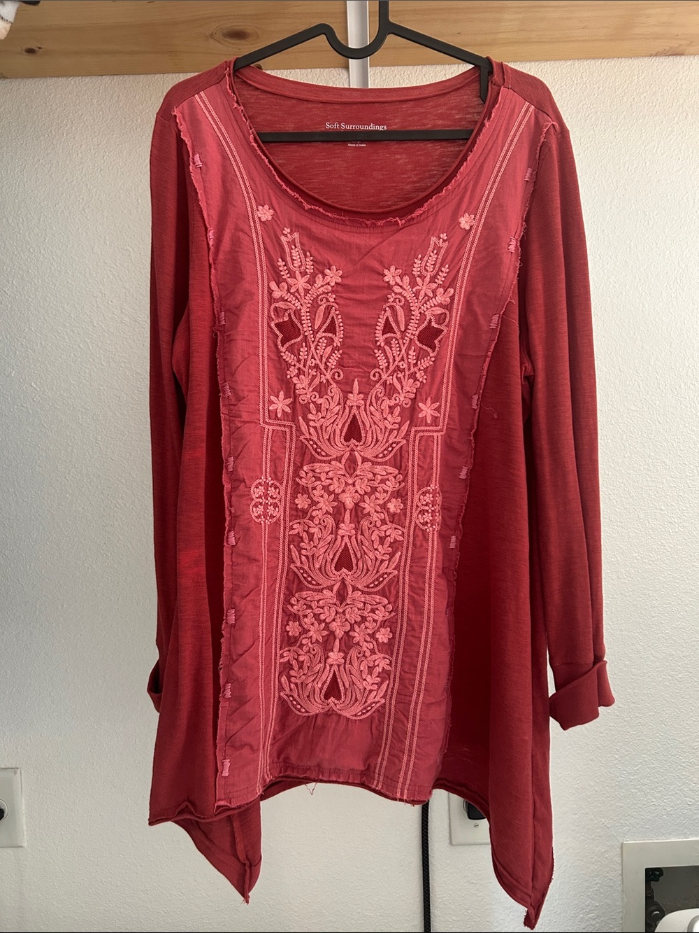 Soft Surroundings Coral-Red Embroidered Long-Sleeve Tunic